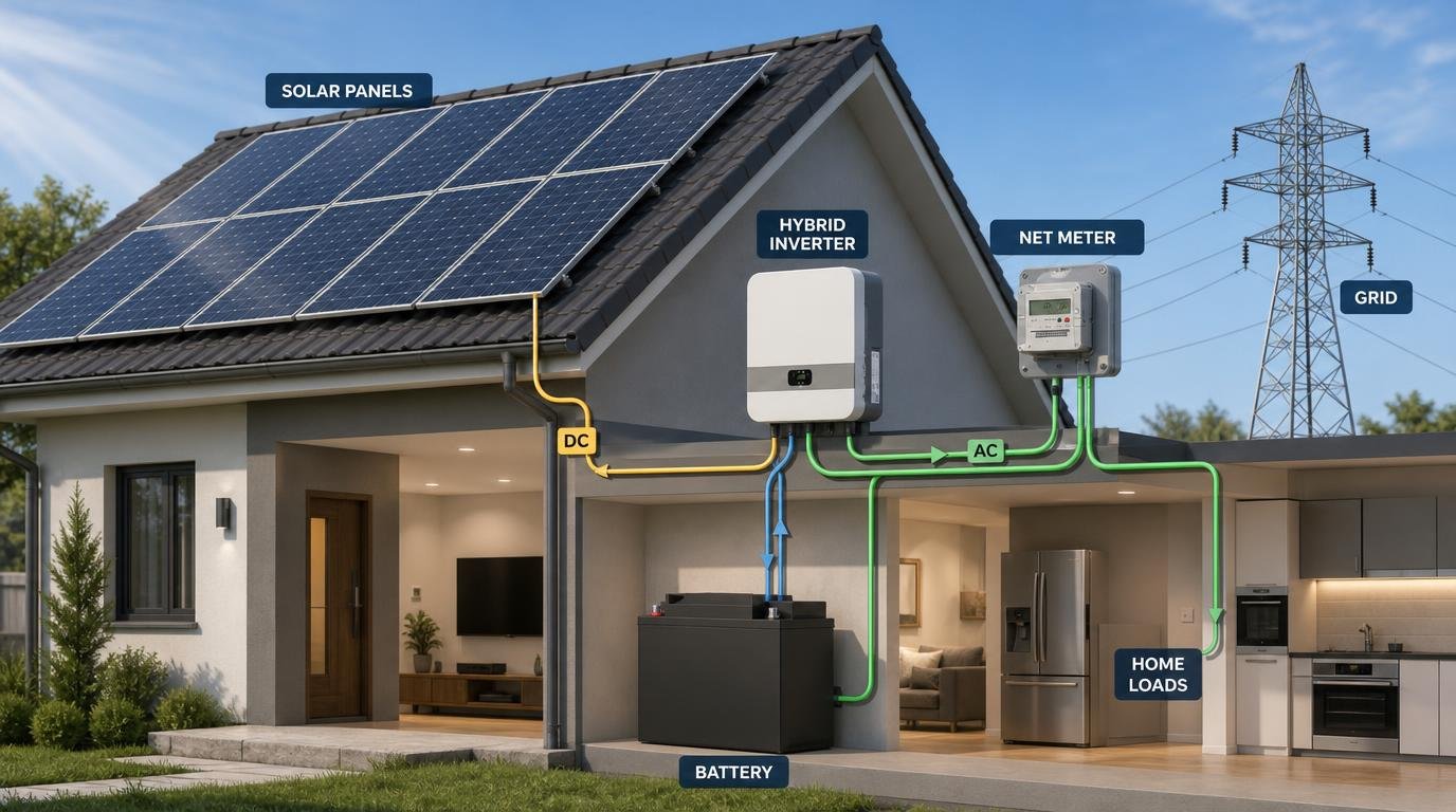 Hybrid solar inverter and battery installation designed for cost-effective home backup