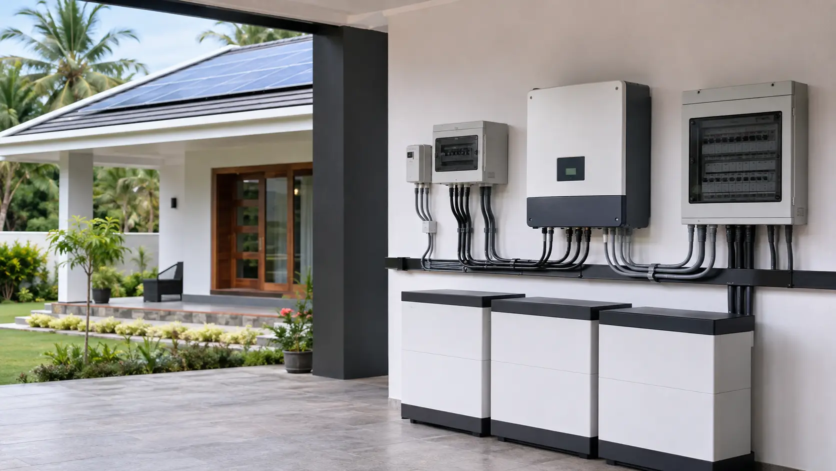 AI-generated hybrid inverter and battery installation for a Kerala home