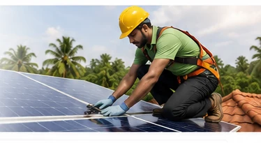 Professional solar installer working on rooftop solar panels