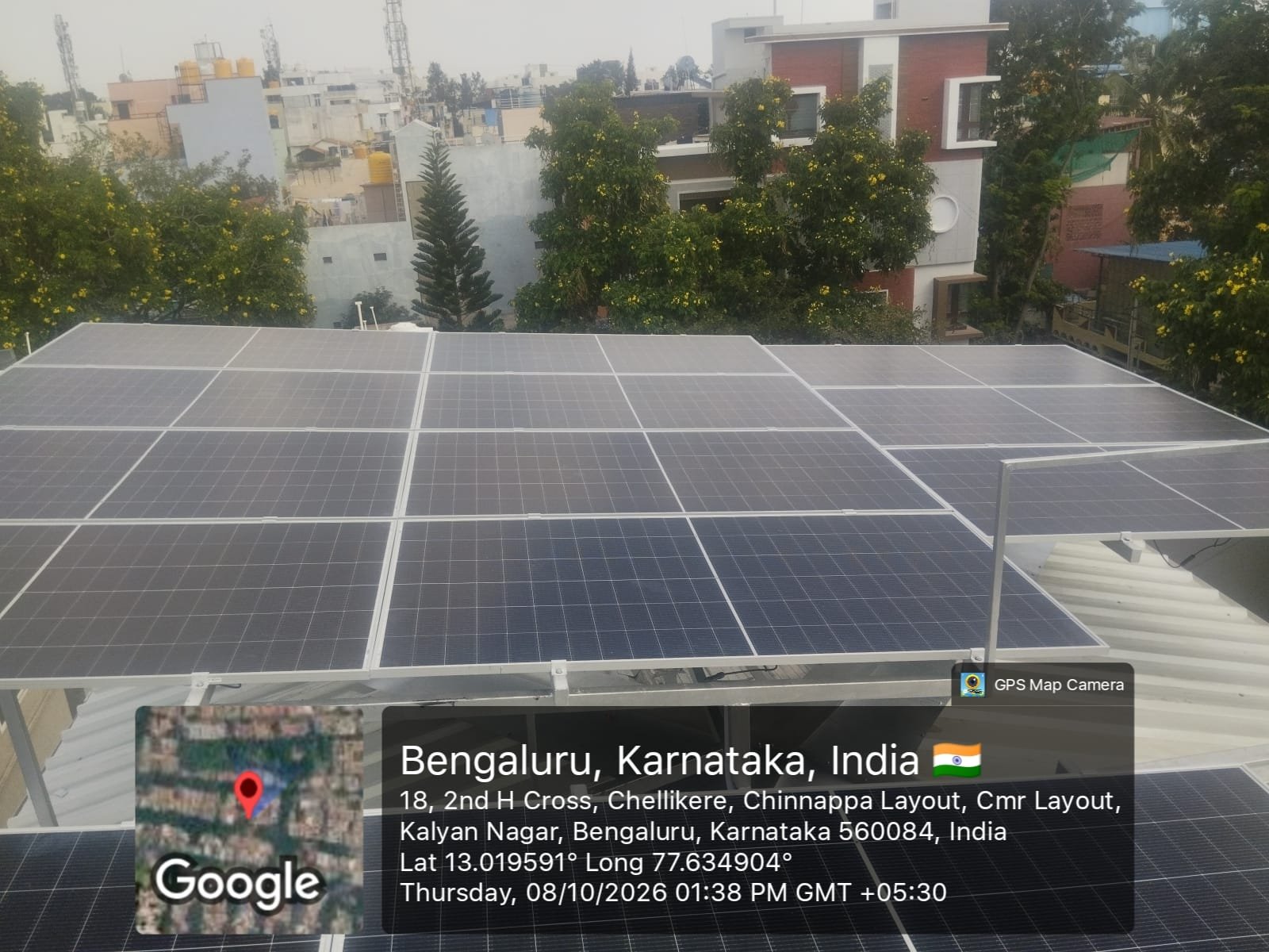 Rooftop solar panel array installed for a hybrid solar project in Bengaluru, Karnataka
